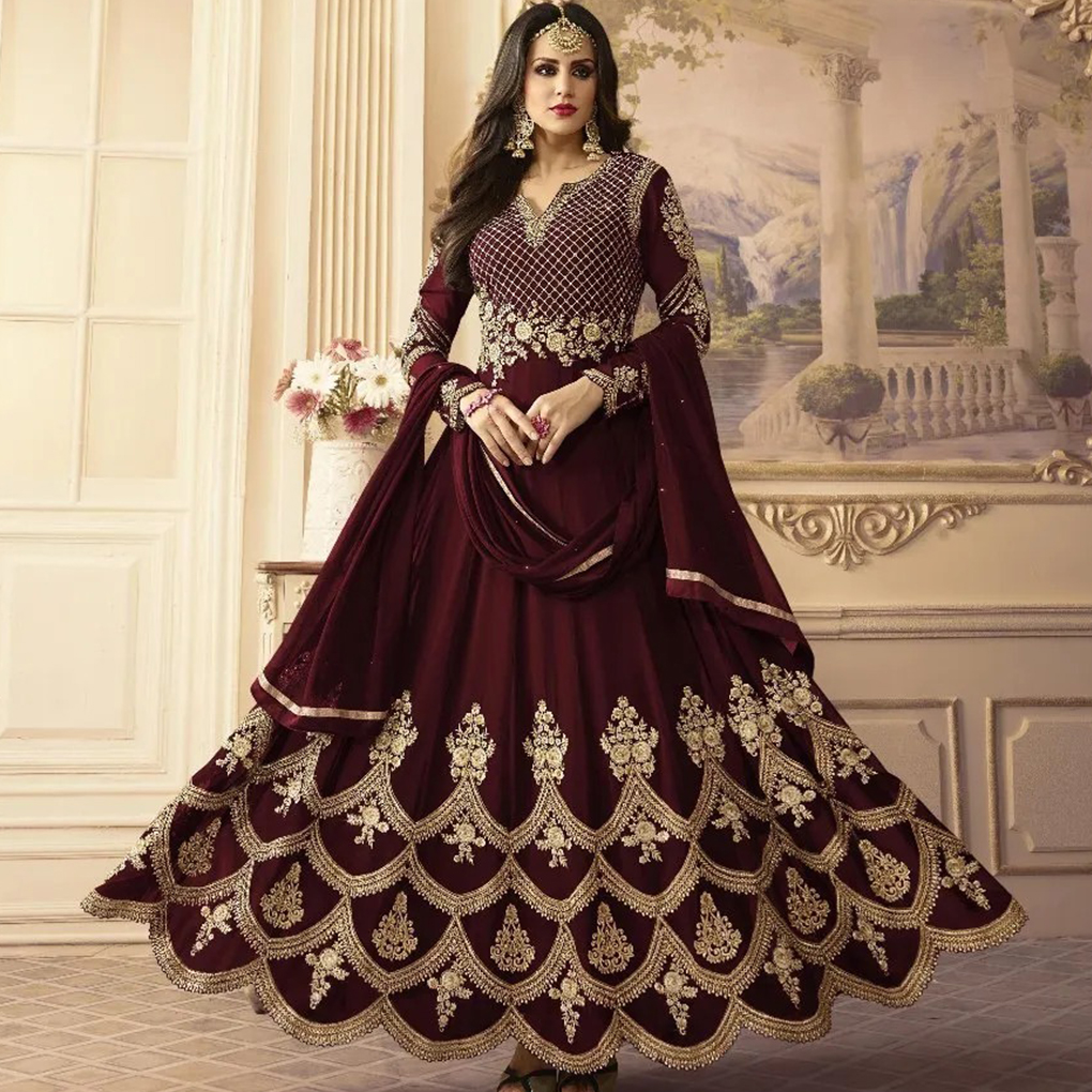Fashionable Embroidered Georgette Long Floor Touch Anarkoli Party Dress