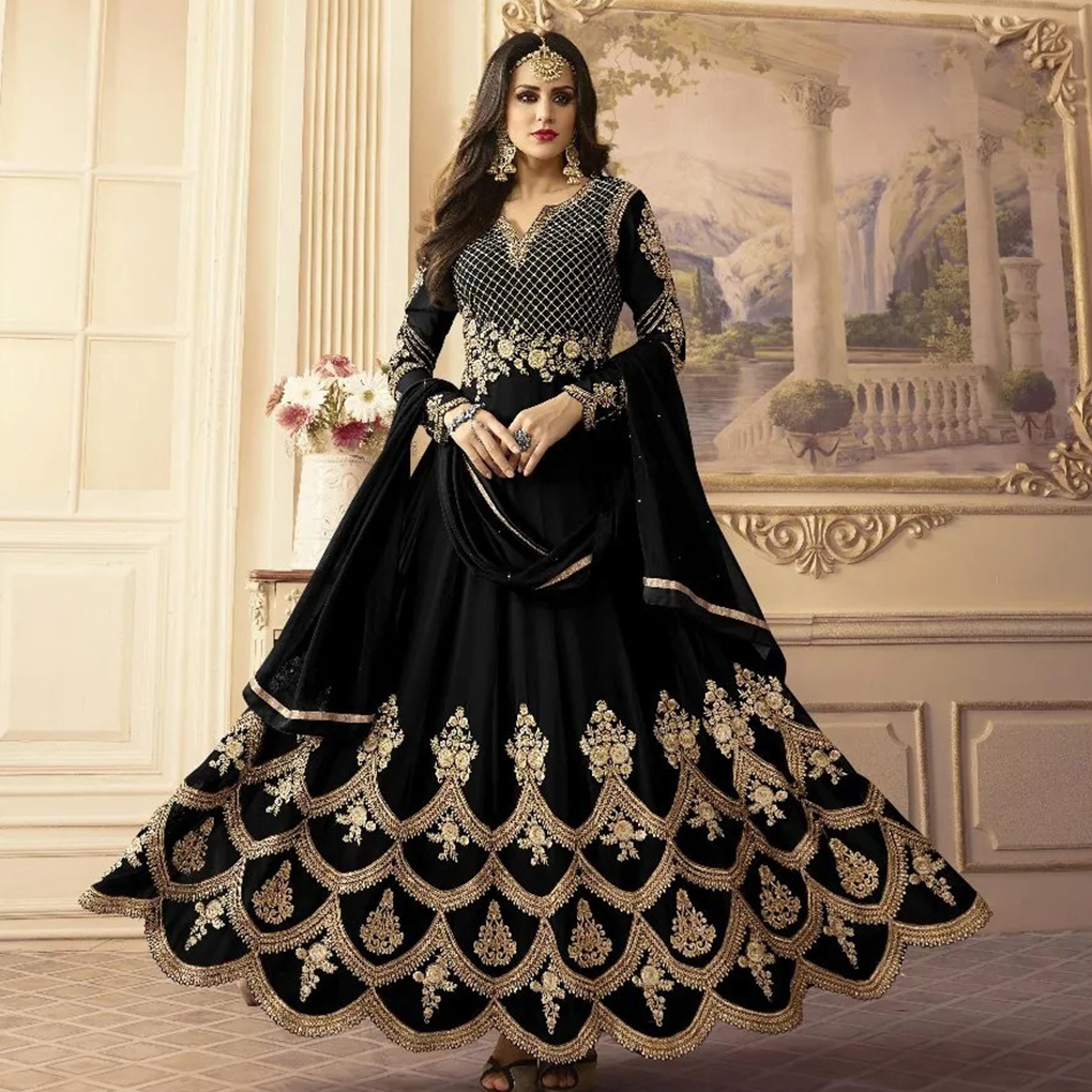 Fashionable Embroidered Georgette Long Floor Touch Anarkoli Party Dress