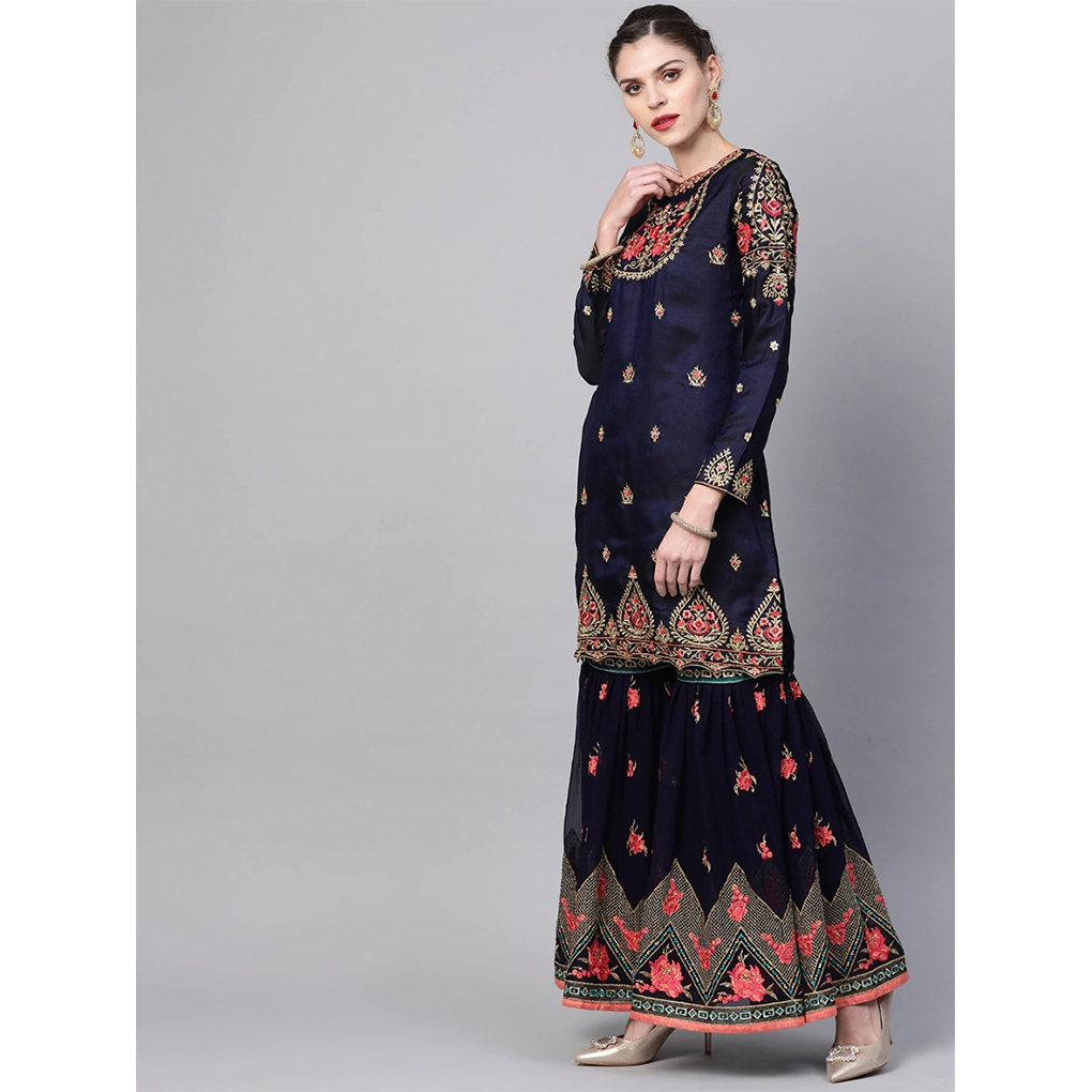 Rusty Purple Black Embroidered Sharara Dress For Women